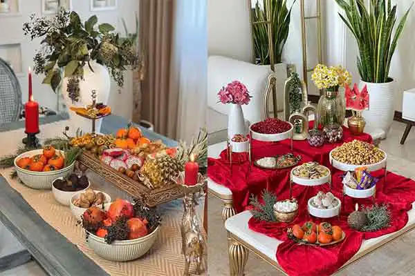 تزیین سفره شب یلدا لاکچری عروس + جذاب ترین و رنگی ترین تزیین سفره شب یلدا لاکچری عروس با خوراکی های خوشمزه
