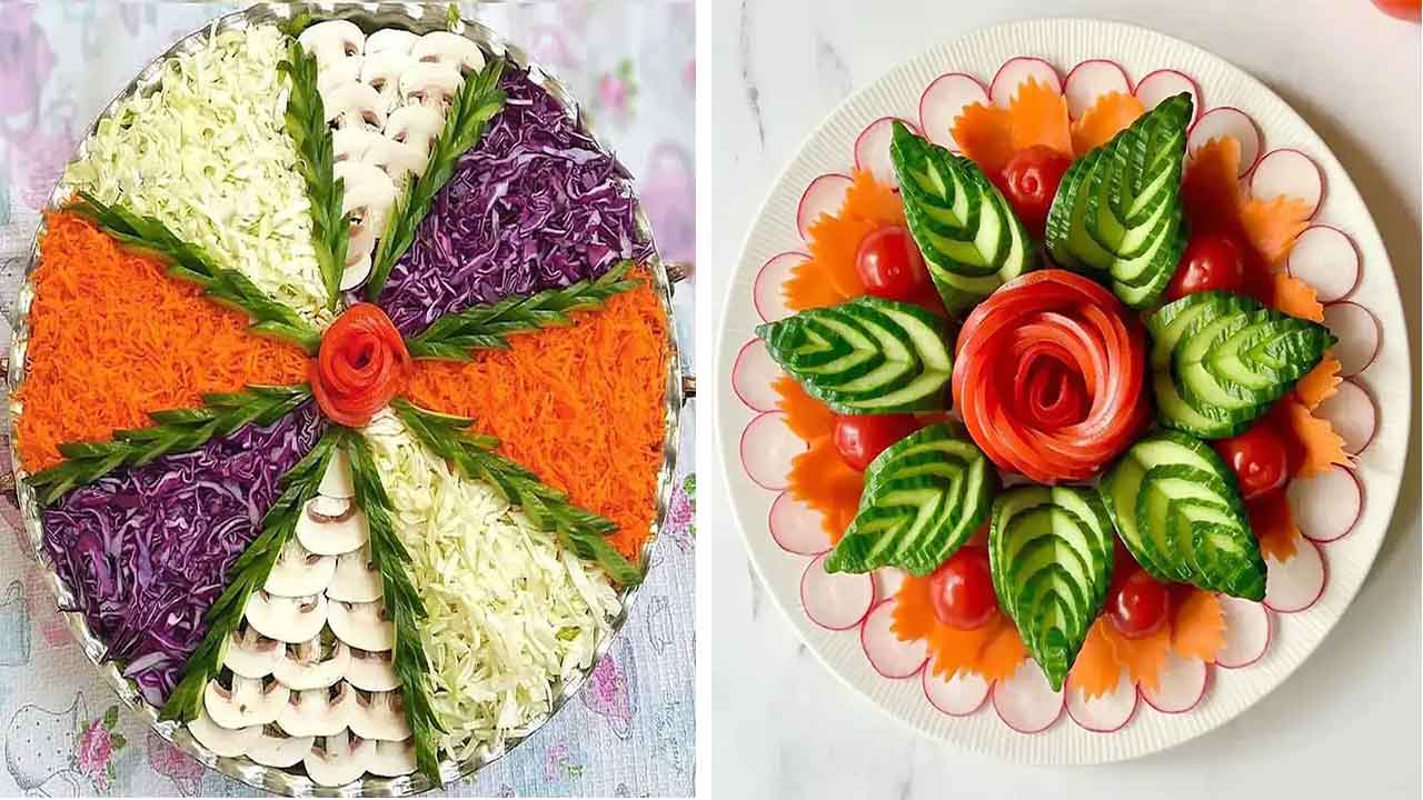 تزیین سالاد فصل ساده و شیک تزیین سالاد کاهو و خیار و گوجه و هویج تزیین سالاد برای مهمانی تزیین سالاد فصل در ظرف گرد تزیین سالاد کاهو ساده و راحت تزیین سالاد کاهو در ظرف گرد